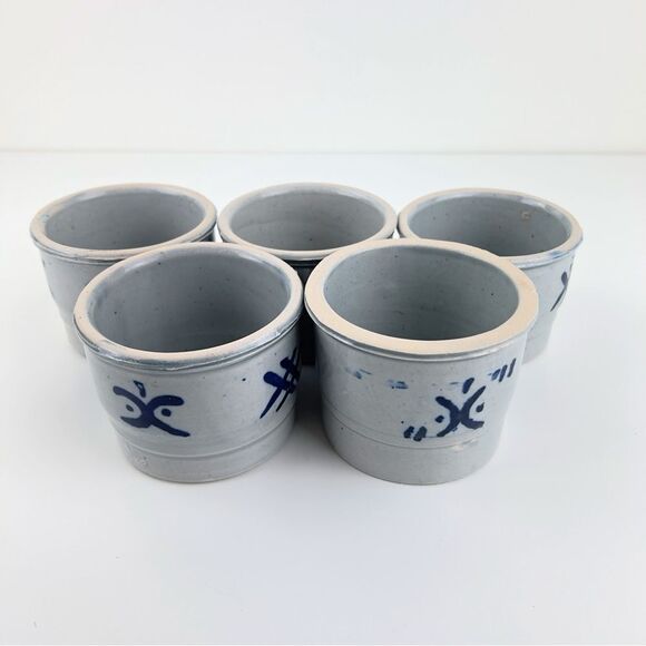 Salt Glaze Pottery Dish Boho Blue Glaze Handmade Vintage Ceramic Bowl Set Of 5 - Picture 3 of 7